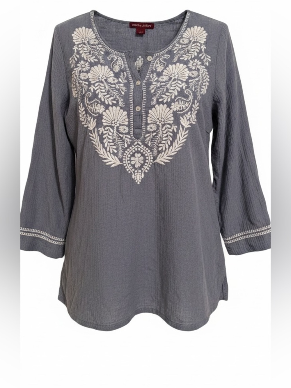 Jessica London Dusty Blue Embroidered V-Neck Tunic